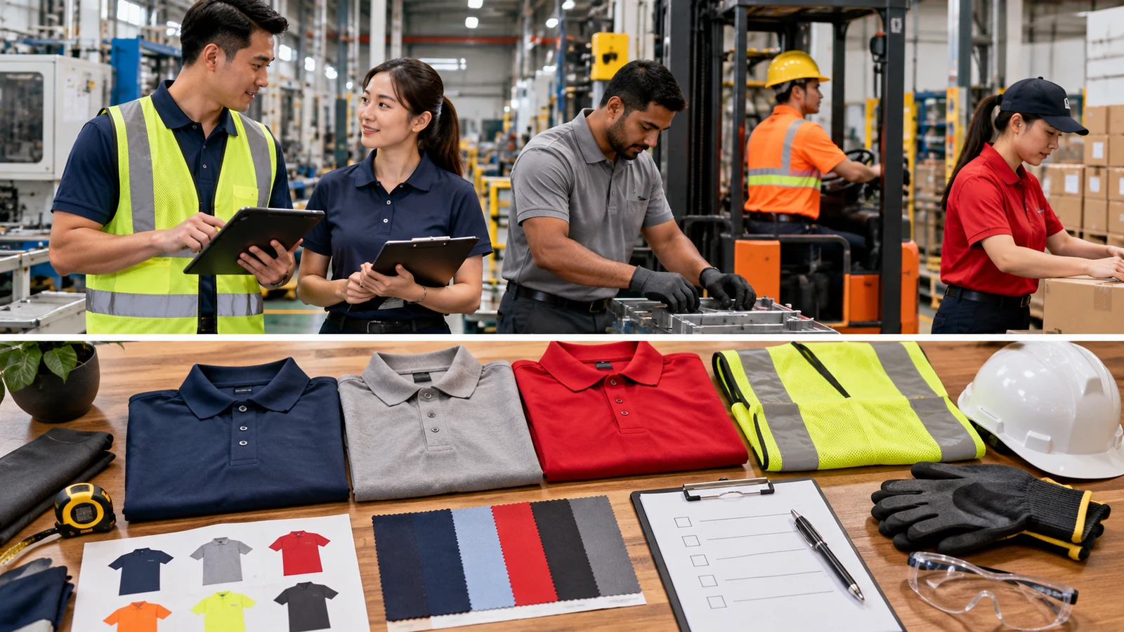 Industrial team wearing coordinated work polos and visibility garments