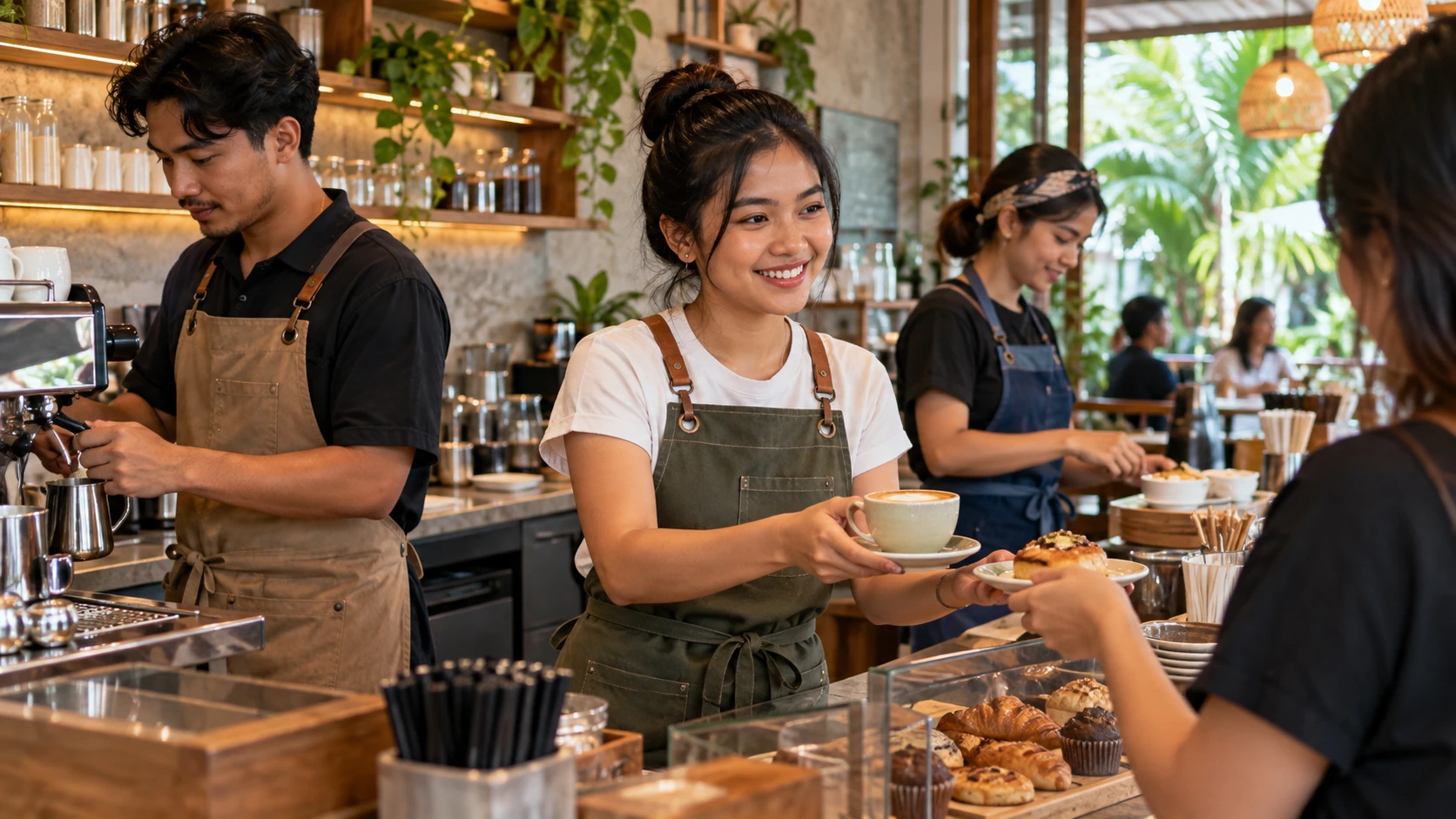 Apron choice should follow the actual service roles inside the café, not only the moodboard.