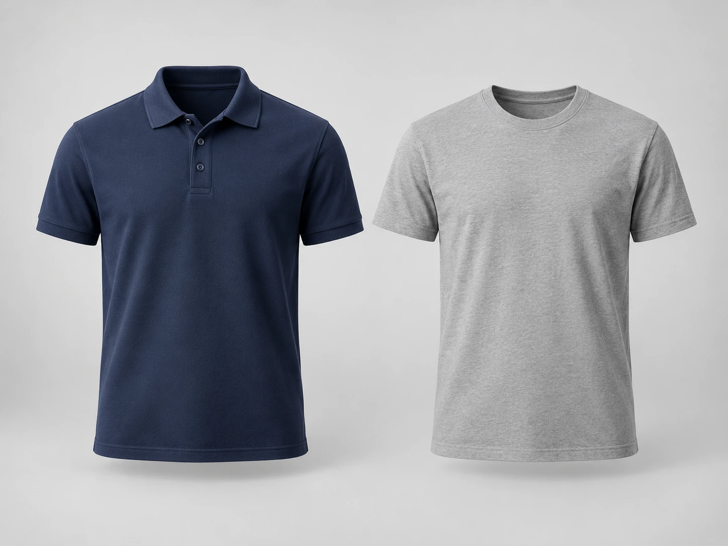 Company polo shirt and crew neck T-shirt shown side by side
