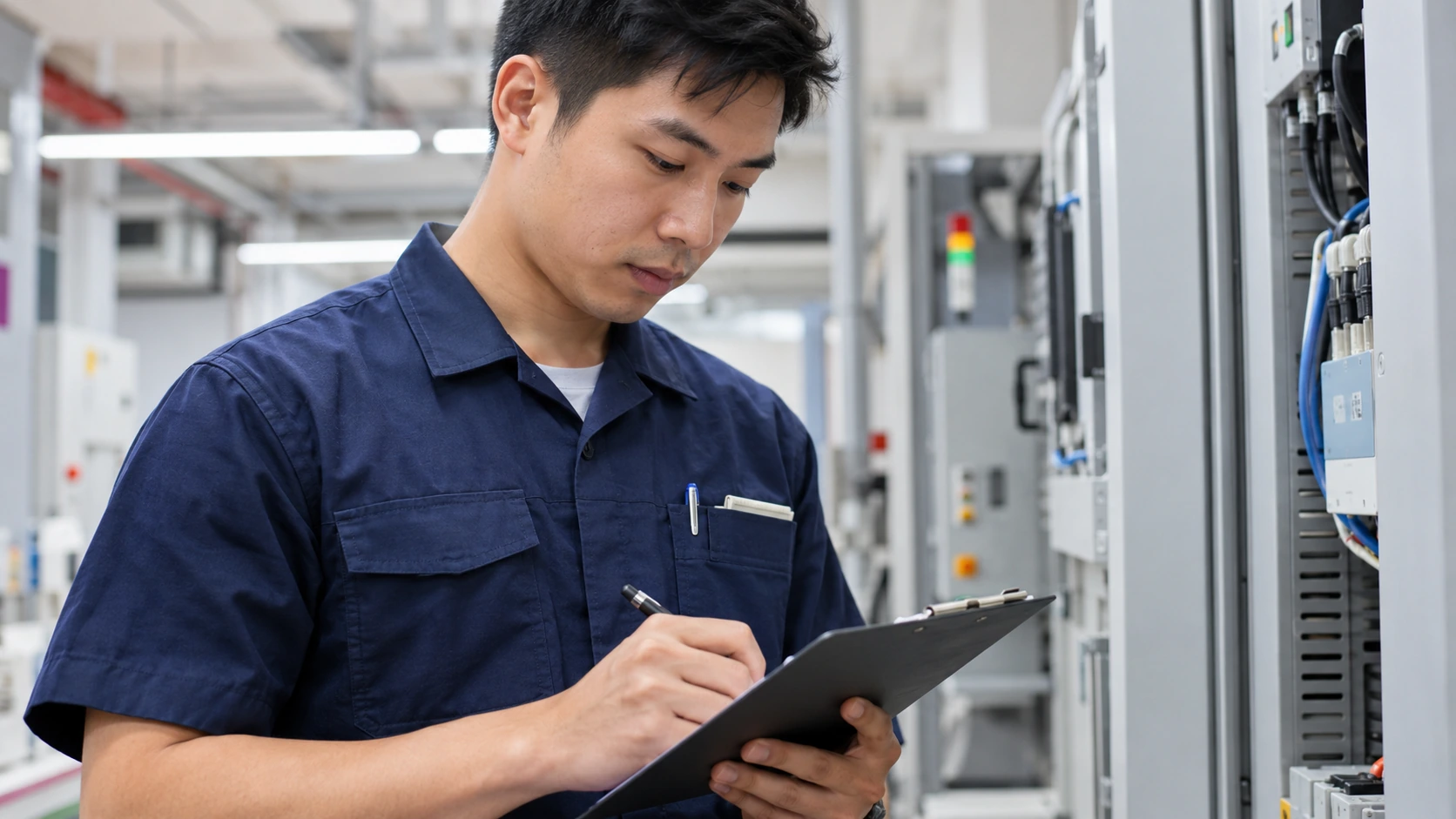 Technical staff member using a chest pocket while working with equipment