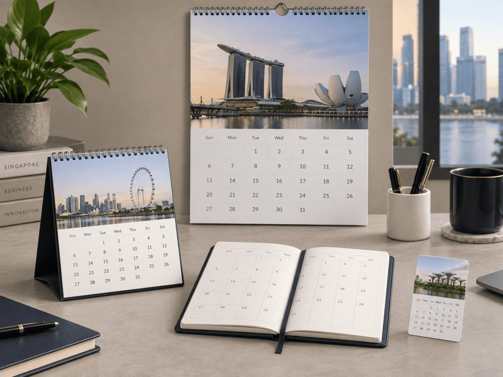 Desk, wall, planner and calendar-card formats compared for Singapore B2B buyers