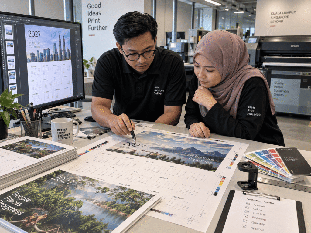 Designer checking calendar artwork, date grids and print proof before production