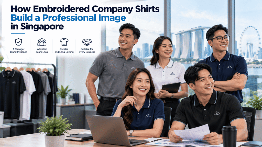 Professional team in embroidered company shirts representing a consistent brand image in Singapore