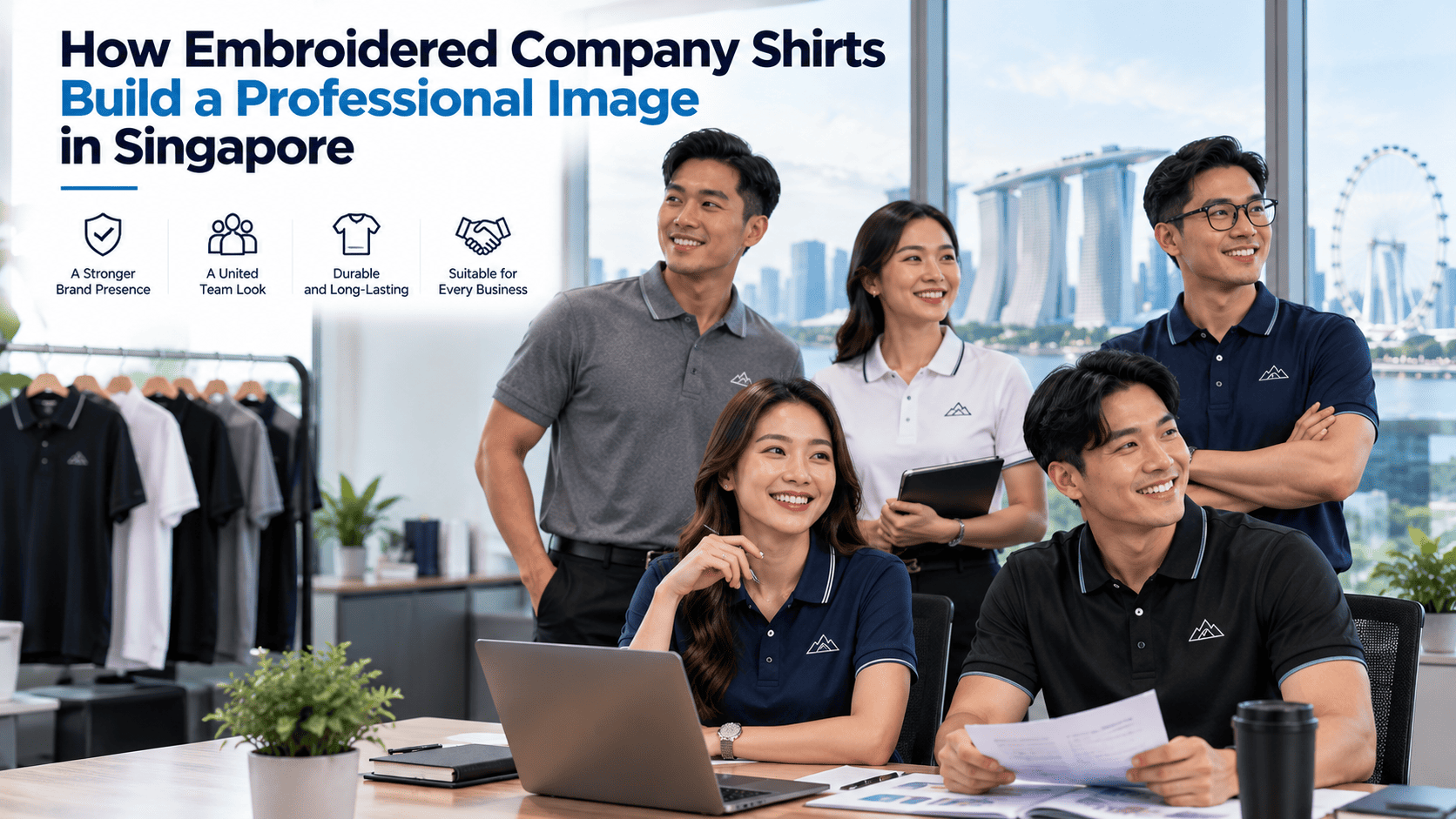 Professional team in embroidered company shirts representing a consistent brand image in Singapore
