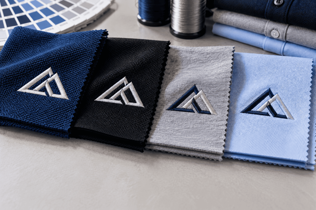 Embroidery stitch detail compared across cotton, polyester and poly-cotton shirt materials