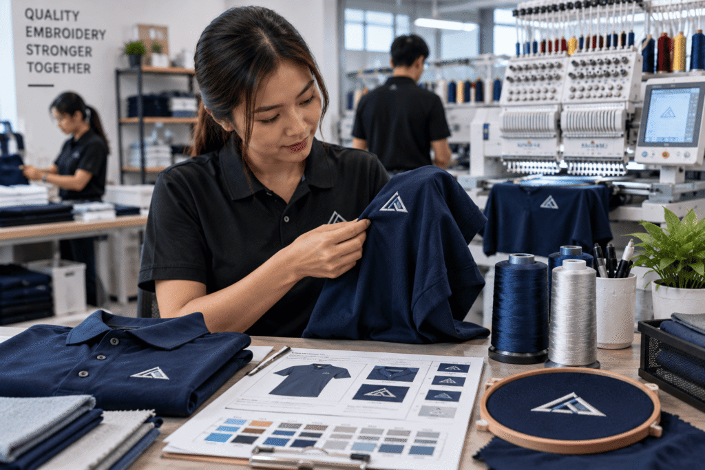 Production specialist checking an embroidered logo and company shirt specification