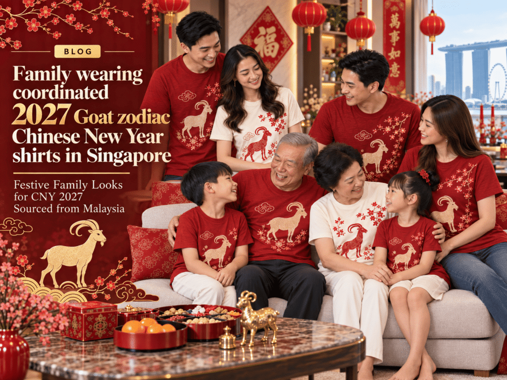 Family wearing coordinated 2027 Goat zodiac Chinese New Year shirts in Singapore